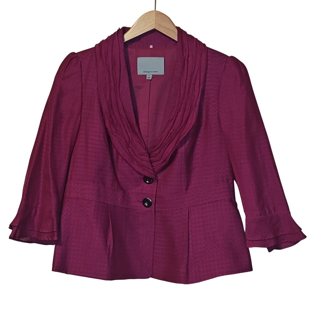 Classiques Entier Blazer Womens Medium Magenta Silk Blend‎ Pleated Shawl Collar